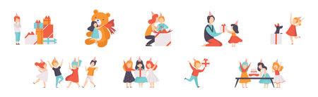 Little Children Celebrate Birthday Party Enjoy Holiday Vector Setのイラスト素材