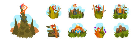 People Characters in Plants and Forest Nature Vector Setのイラスト素材