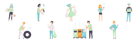 Man and Woman Sorting Garbage and Trash Vector Setのイラスト素材