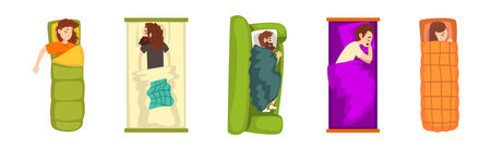 People Sleeping in Beds with Pillow Under Blanket Vector Setのイラスト素材
