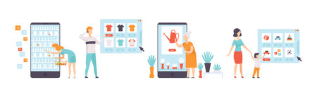 Online Shopping with People Characters Buying and Making Purchase in Mobile Store Vector Setのイラスト素材