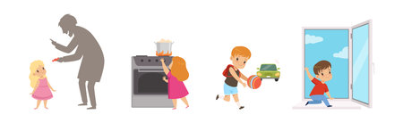 Kid Character in Dangerous Situation as Warning and Safety Attention Vector Setのイラスト素材