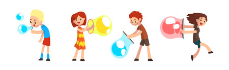 Children Playing with Colorful Soap Bubbles Vector Setのイラスト素材