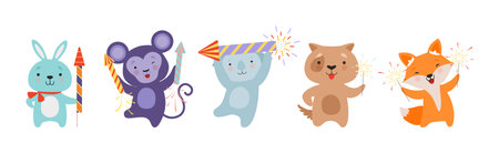 Cute Animal with Fireworks Enjoying Holiday Celebration Vector Setのイラスト素材
