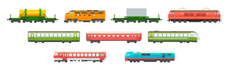 Wagon and Train as Railway Engine and Vehicle Vector Setのイラスト素材