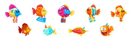 Funny Fish Character Floating with Gift Box Celebrating Holiday Vector Setのイラスト素材