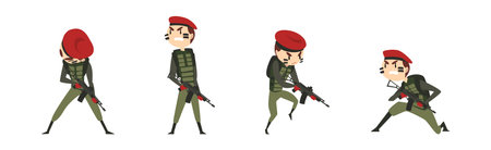 Military Man Soldier Character with Weapon on Battle Field Vector Setのイラスト素材