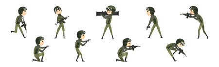 Military Man Soldier Character with Weapon on Battle Field Vector Setのイラスト素材