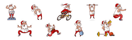 Santa Claus in Red Pants and Tank Top Doing Sport Vector Setのイラスト素材