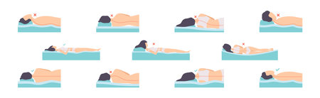 Correct and Incorrect Sleeping Body Posture of Man and Woman Vector Setのイラスト素材