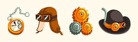 Steampunk Objects and Mechanism with Antique Mechanical Device Vector Setのイラスト素材