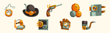 Steampunk Objects and Mechanism with Antique Mechanical Device Vector Setのイラスト素材