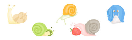 Snail Funny Character with Spiral Shell Vector Setのイラスト素材