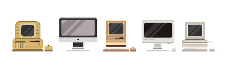 Retro Computer and Hardware with Screen Vector Setのイラスト素材