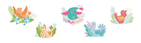 Cute Little Birdie in Bright Foliage and Leaf Vector Setのイラスト素材
