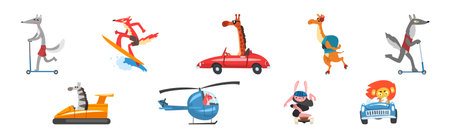 Cute Animal Character Riding Different Transport Vector Setのイラスト素材