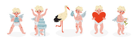 Funny Boy Cupid Character with Blond Hair and Wings Vector Setのイラスト素材