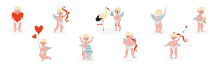 Funny Boy Cupid Character with Blond Hair and Wings Vector Setのイラスト素材