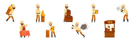 Man Beekeeper Harvest Honey from Bees Vector Setのイラスト素材