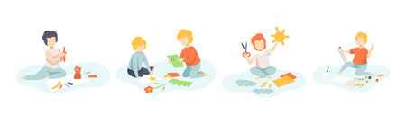 Kids Doing Creative Activity and Craft Vector Setのイラスト素材