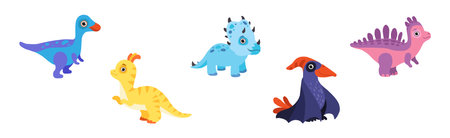 Funny Dinosaur Colorful Character with Cute Face Vector Setのイラスト素材