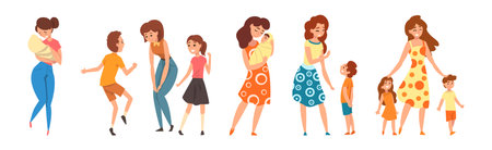 Young Mother with Her Kids Talking Having Good Time Vector Setのイラスト素材