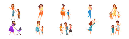Young Mother with Her Kids Talking Having Good Time Vector Setのイラスト素材
