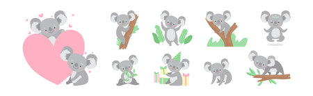 Adorable Koala Grey Animal in Various Actions Vector Setのイラスト素材