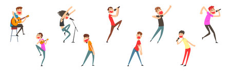 Man Singers with Microphones Performing on Stage Vector Setのイラスト素材