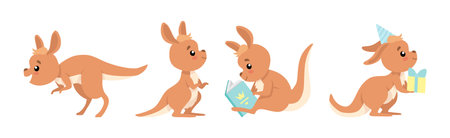 Funny Brown Kangaroo Cub Australian Animal Character in Different Pose Vector Setのイラスト素材