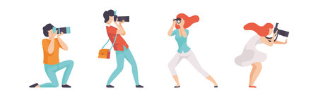 Man and Woman Photographer Character Taking Photos Using Professional Equipment Vector Setのイラスト素材
