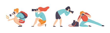 Man and Woman Photographer Character Taking Photos Using Professional Equipment Vector Setのイラスト素材