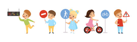 Cute Boys and Girls Learning Traffic Rules Vector Setのイラスト素材