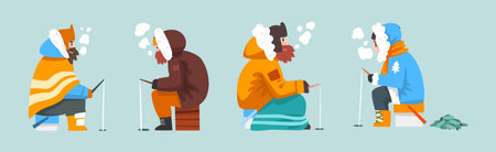 Man in Warm Coat Fishing in Winter at Frozen River Vector Setのイラスト素材
