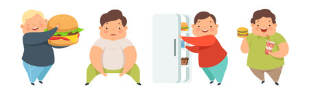 Overweight Boy Character Eating Fast Food Vector Setのイラスト素材