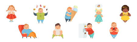 Overweight Boy and Girl Character Eating Fast Food Vector Setのイラスト素材