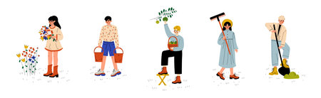 People Character Garden Worker Engaged in Farming Vector Setのイラスト素材