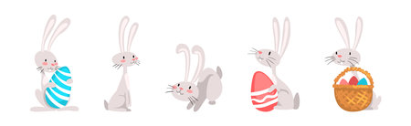 Funny Bunny Character with Egg in Garden Vector Setのイラスト素材