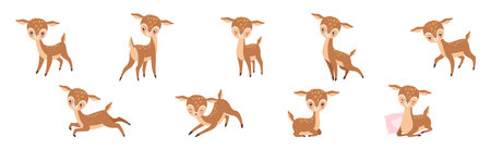 Cute Little Baby Deer Forest Animal in Different Pose Vector Setのイラスト素材