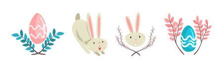 Funny Bunny Character with Egg in Garden Vector Setのイラスト素材