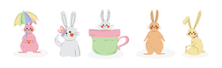 Funny Bunny Animal with Long Ears Vector Setのイラスト素材