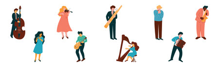 Man and Woman Play Different Musical Instrument Perform Concert in Orchestra Vector Setのイラスト素材
