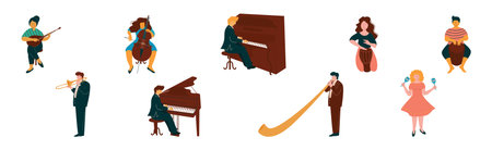 Man and Woman Play Different Musical Instrument Perform Concert in Orchestra Vector Setのイラスト素材