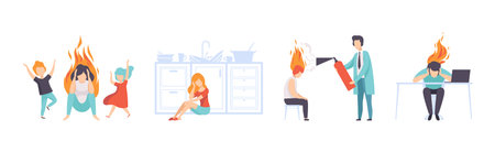 People with Emotional Burnout with Fire Flame Vector Setのイラスト素材