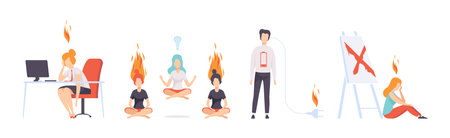 People with Emotional Burnout at Working Place Vector Setのイラスト素材