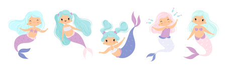 Cute Mermaid Girl with Wavy Hair and Fish Tail Vector Setのイラスト素材