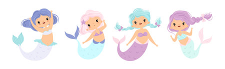 Cute Mermaid Girl with Wavy Hair and Fish Tail Vector Setのイラスト素材