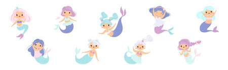 Cute Mermaid Girl with Wavy Hair and Fish Tail Vector Setのイラスト素材