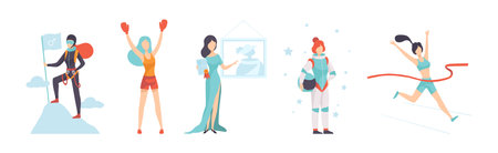 Strong Woman Character Achieve Goal Having Freedom Vector Setのイラスト素材