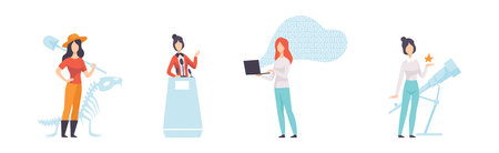 Strong Woman Character Achieve Goal Having Freedom Vector Setのイラスト素材